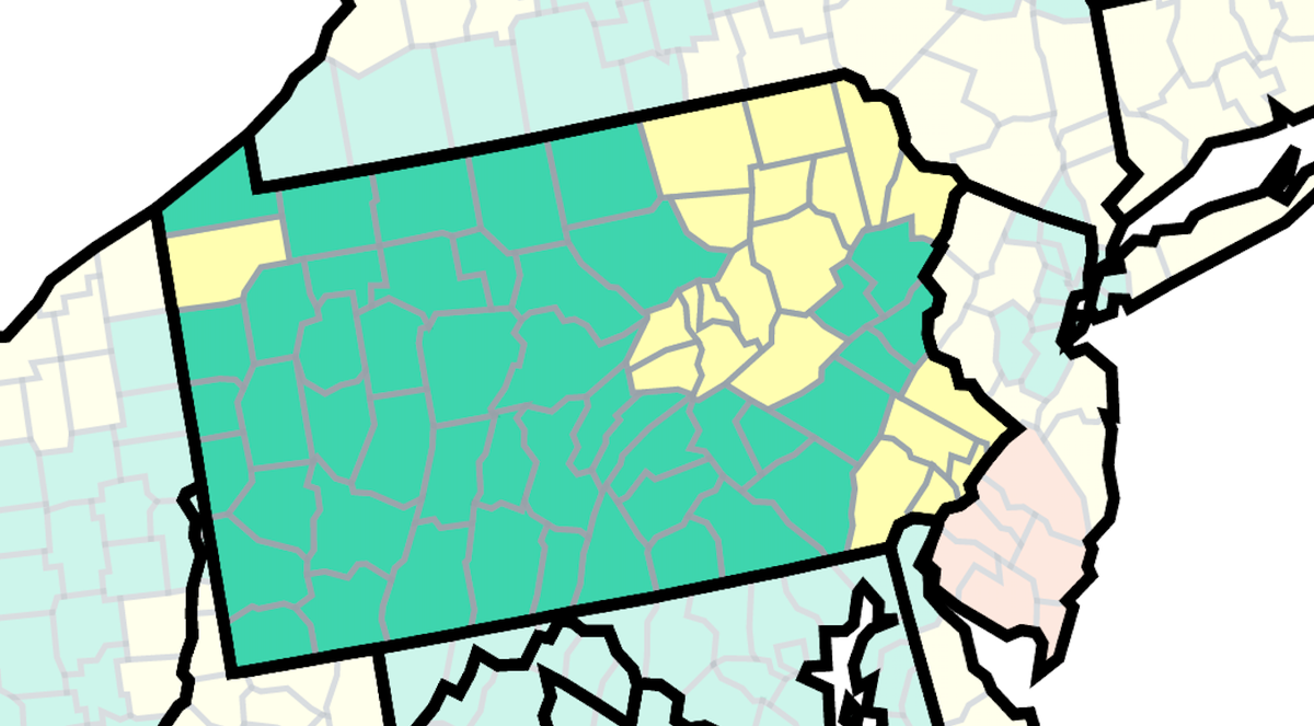 This map of Pennsylvania from the U.S. Centers for Disease Control and Prevention shows COVID-19 community levels by county as of Feb. 10, 2023. The yellow counties are at medium, while the green are at low. None of Pennsylvania’s counties are at high, orange, this week.
