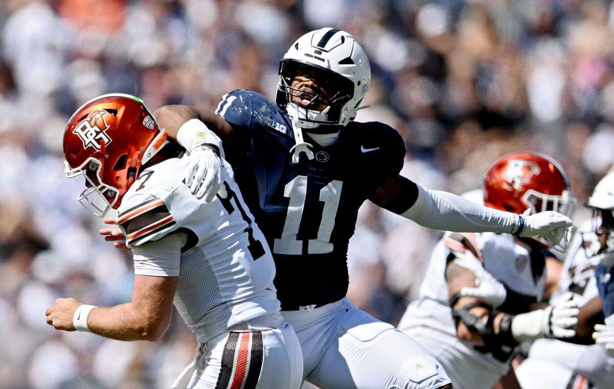 Penn State defensive end Abdul Carter blocks the pass from Bowling Green’s Connor Bazelak during the game on Saturday, Sept. 7, 2024.