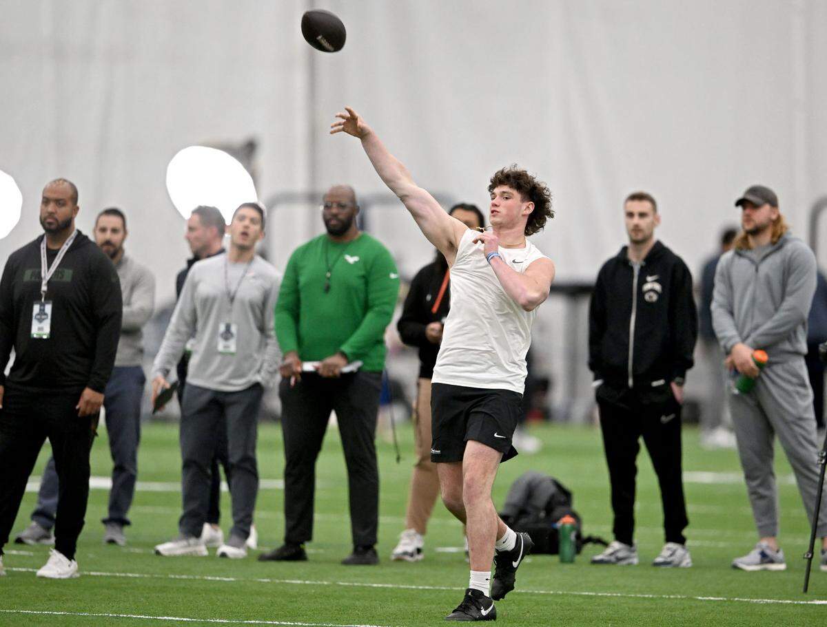 Penn State quarterback Drew Allar throws passes for Julian Fleming during Penn State football’s pro day on Friday, March 28, 2025.