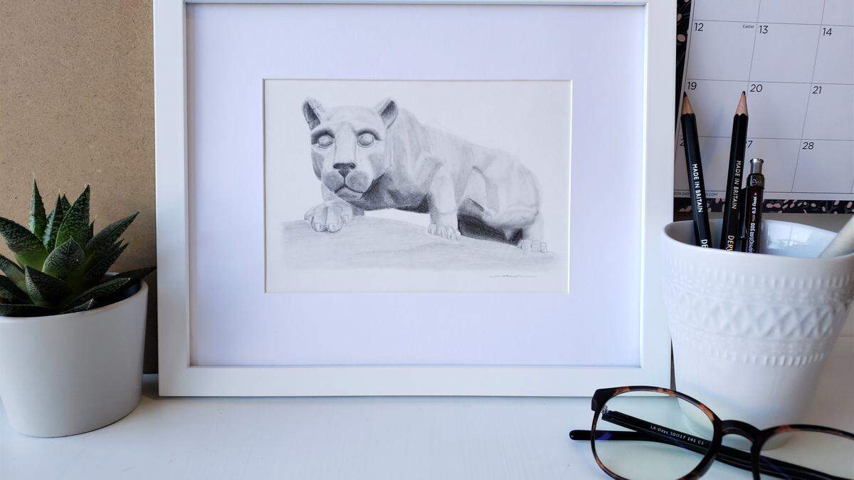 A drawing of the Nittany Lion Shrine by Alyssa Wheeler. The Penn State alumna partnered with The Corner Room to donate a portion of her print profits to help community members.