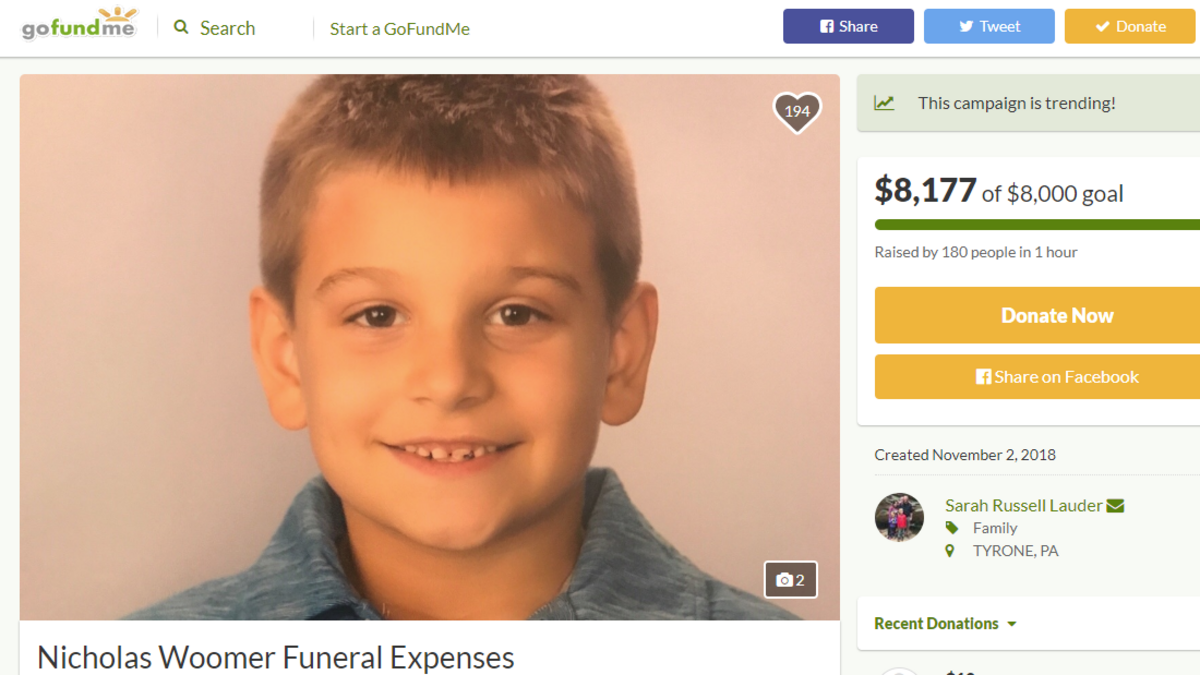 A GoFundMe page was created to pay for Nick Woomer’s funeral expenses on Nov. 2, 2018. The 7-year-old, second grade student at Tyrone Elementary was struck and killed by a delivery truck the day before.