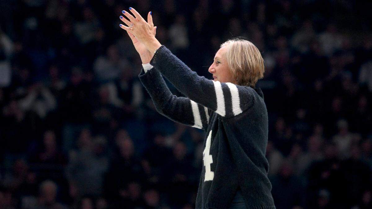 Penn State field hockey coach Char Morett-Curtiss and the team are honored during the Penn State wrestling match against Michigan on Friday, Jan. 20, 2023 at the Bryce Jordan Center.