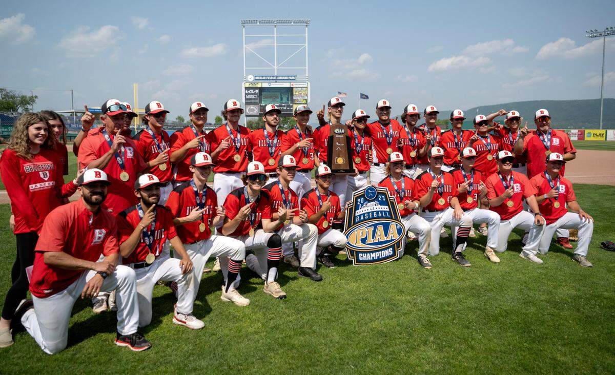 Bellefonte baseball celebrates their 7-1 win over Dallas to be the PIAA Class 4A champions at Medlar Field on Saturday, June 17, 2023.