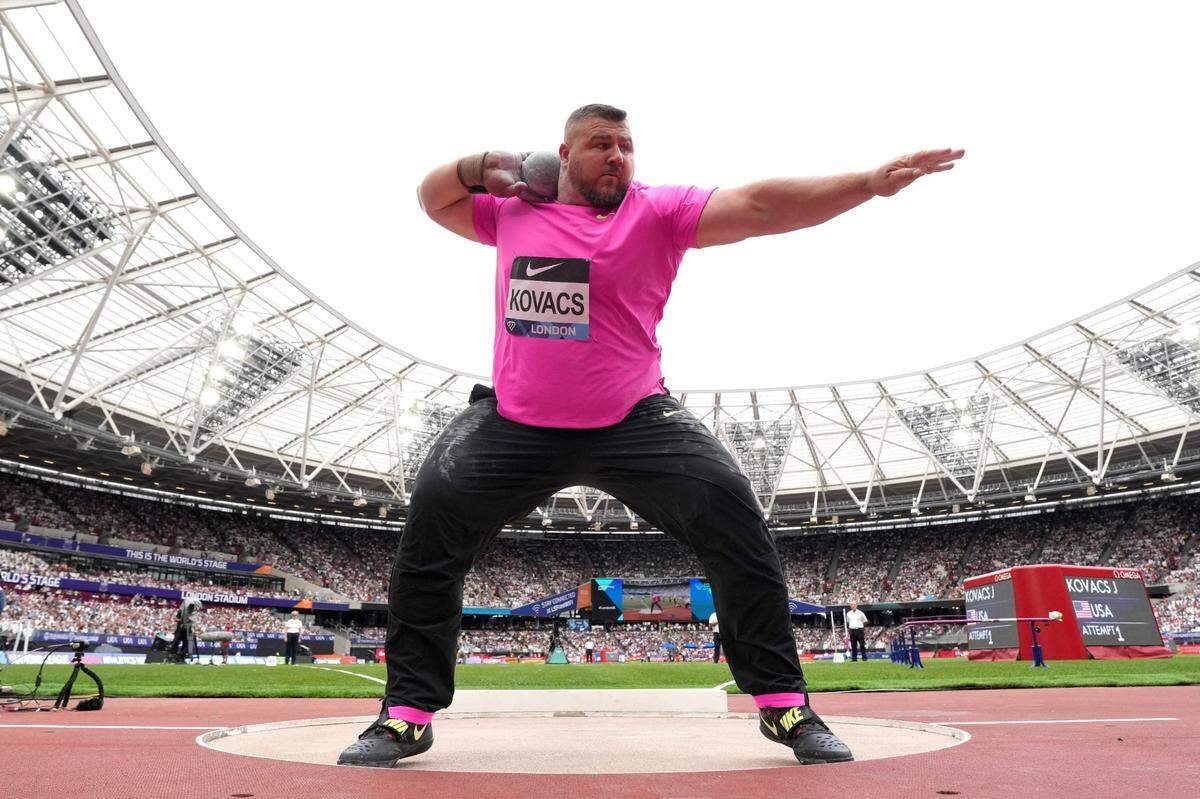 Jul 20, 2024; London, United Kingdom; Joe Kovacs (USA) places fourth in the shot put at 72-3 1/2 (22.03m) during the London Athletics Meet at London Stadium. Mandatory Credit: Kirby Lee-USA TODAY Sports
