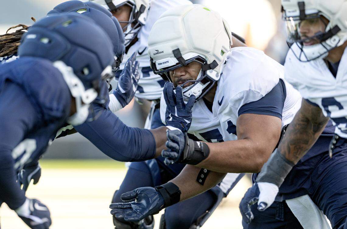Penn State offensive lineman Vega Ioane runs a drill during practice on Wednesday, Oct. 8, 2025.