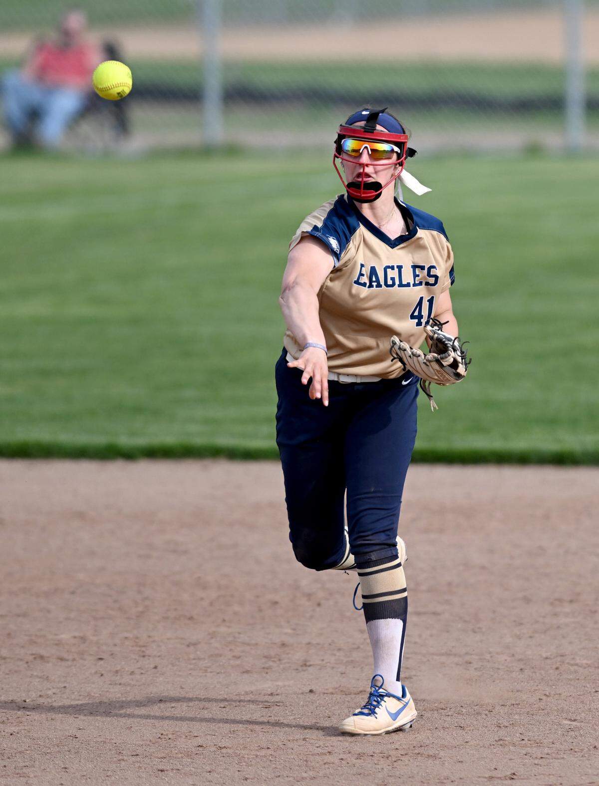 Bald Eagle Area’s Rachel Bryan field the ball and makes the throw for an out during the game against Philipsburg-Osceola on Thursday, April 27, 2023.