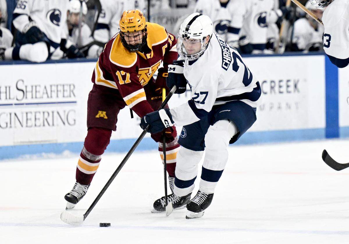 Minnesota’s Brody Lamb can’t stop Penn State's Cade Christenson during the game on Wednesday, March 11, 2026 at Pegula Ice Arena.