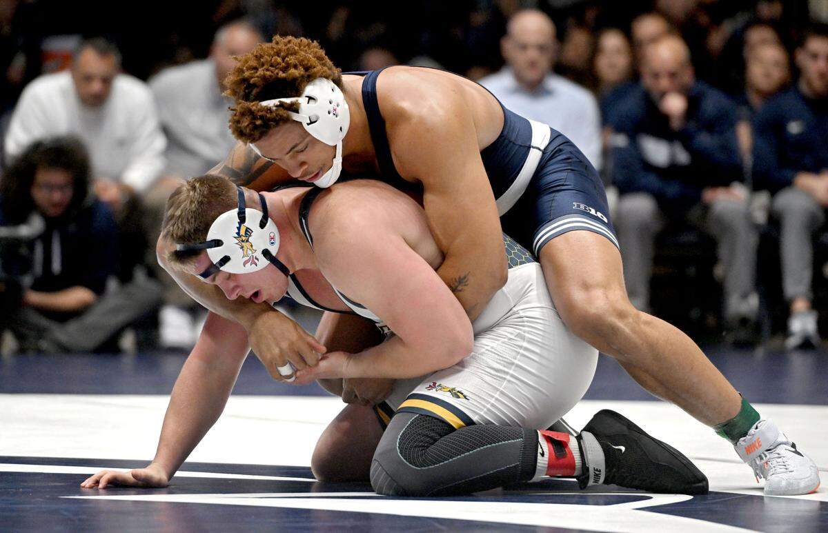 Penn State’s Greg Kerkvliet controls Drexel’s Tanner Updegraff in the 285 lb bout of the match on Sunday, Nov. 17, 2024 at Rec Hall. Kerkvliet won by fall at 2:40.
