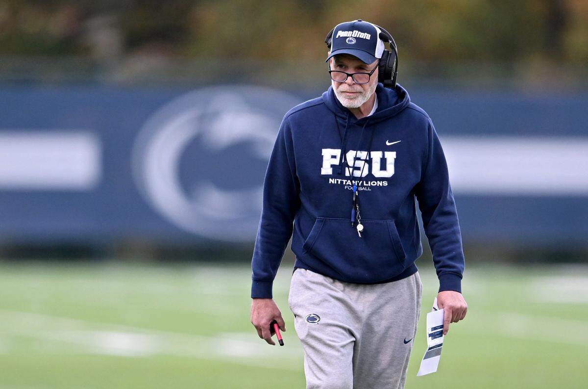 Penn State defensive coordinator Jim Knowles watches the defense run drills during practice on Tuesday, Oct. 21, 2025. 