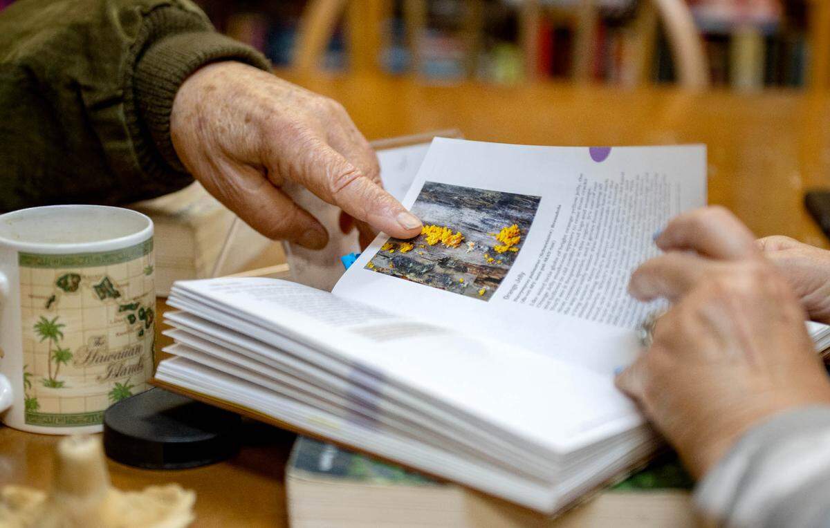 Bill Russell shows a photo of mushrooms in his book, “Field Guide to the Wild Mushrooms of Pennsylvania,” during a gathering at Webster’s Bookstore Cafe on Monday, Sept. 9, 2024.