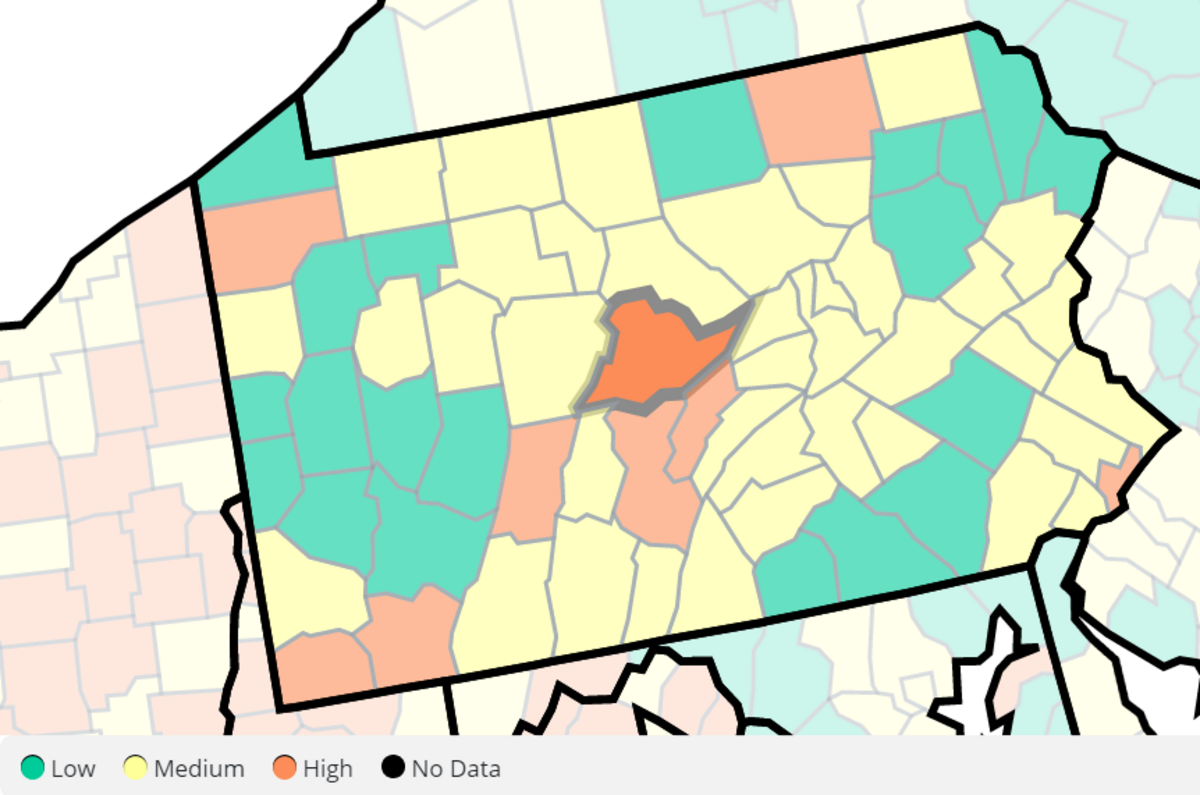 Centre County is at the high community level in the Centers for Disease Control and Prevention’s weekly update.