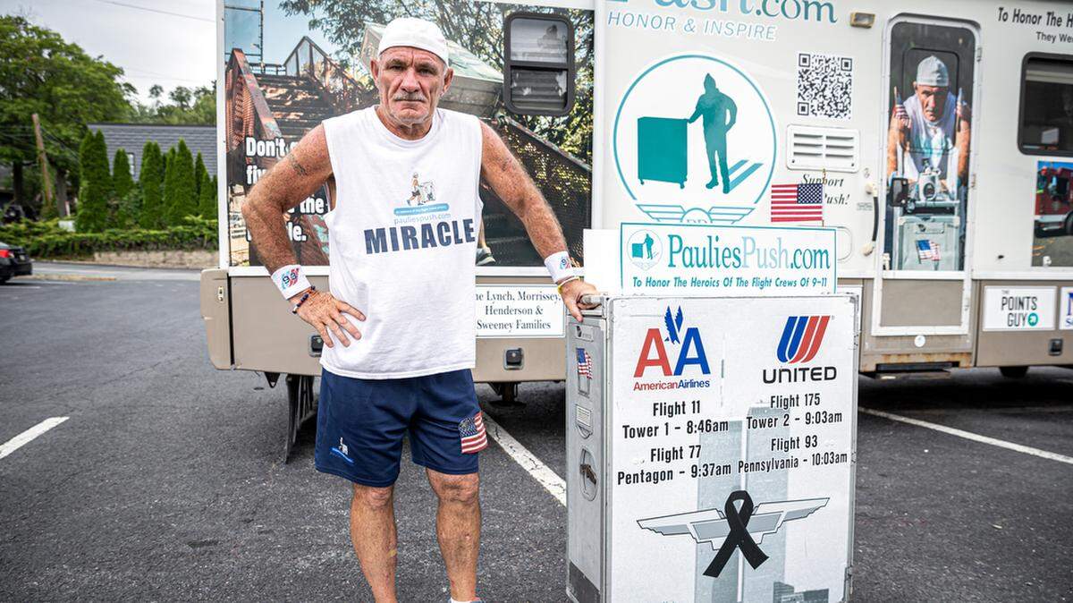 Retired flight attendant Paul Veneto, of Paulie’s Push, is pushing an airline beverage cart 300 miles from New Jersey to Shanksville, Pa. to honor Flight 93 and the flight crews who lost their lives on Sept. 11, 2001.