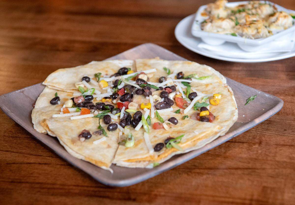 A vegan buffalo chickpea quesadilla from Alloy Kitchen on Wednesday, April 13, 2022.