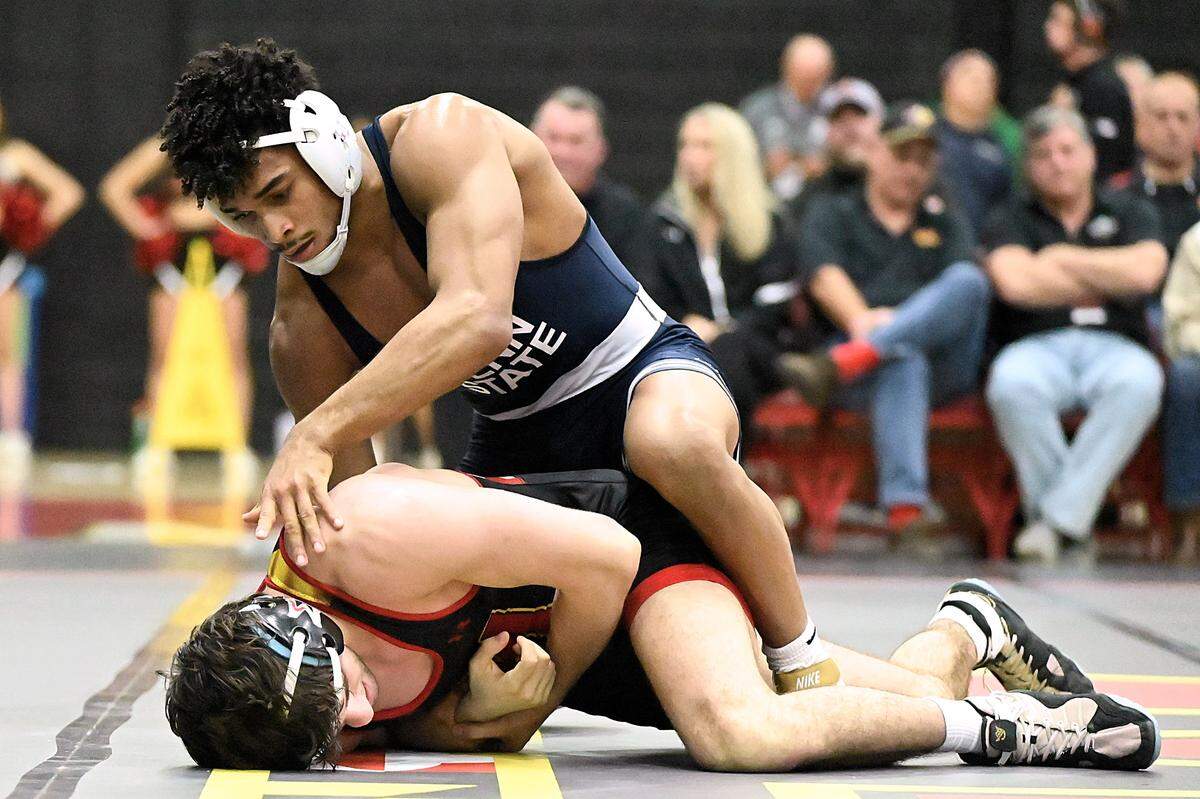 Penn State’s Carter Starocci controls Maryland’s Mason Stein in their 174-pound match of the Nittany Lions’ 42-6 win on Sunday. Starocci pinned Stein in 4:26 for his 60th straight win.