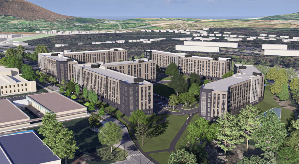 An aerial rending of four student residence halls proposed for the southeast corner of Hastings Road and University Drive on the Penn State University Park campus. The project is a public-private partnership between Penn State and Greystar Development East.
