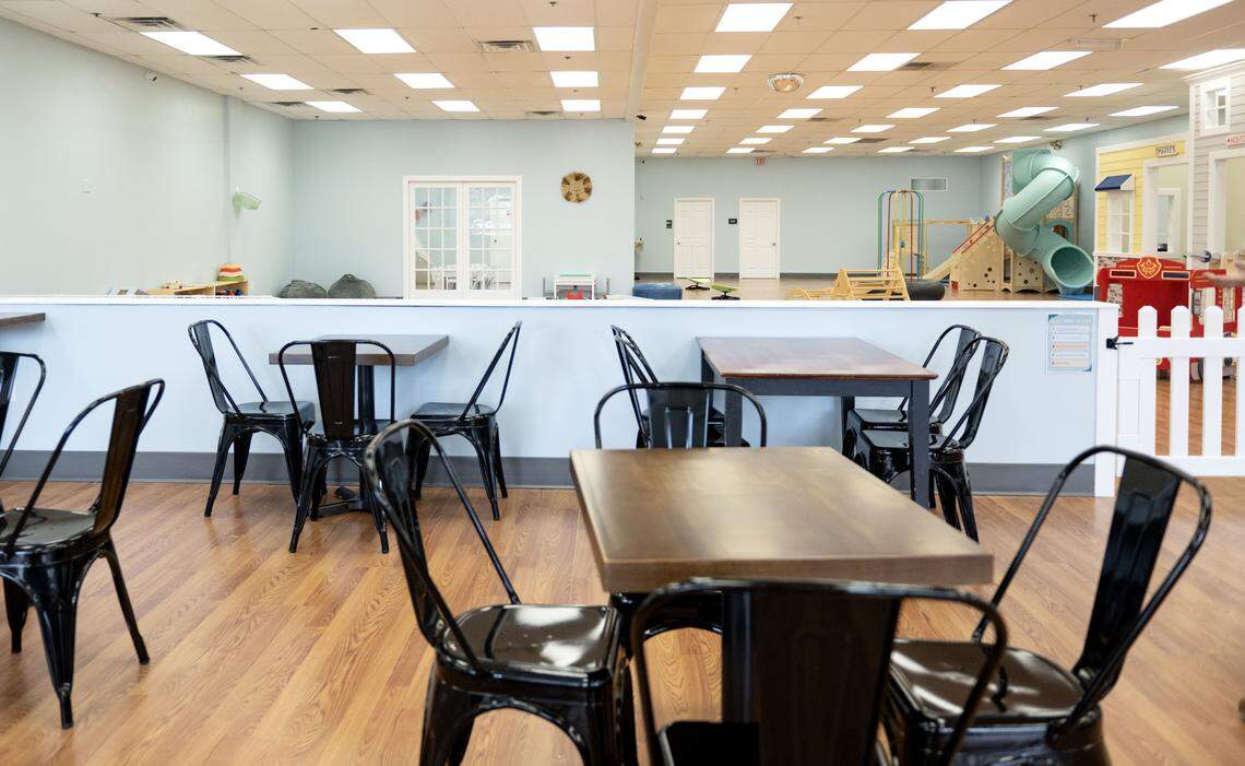 The seating area for adults at Little Lions Play Den has a view of the entire play area.  