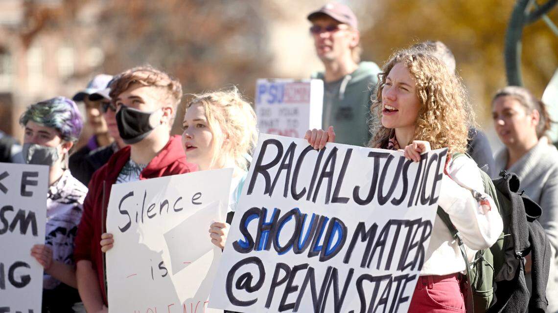 Penn State faculty, students and community members gathered outside of Old Main for the “We Believe in Anti-Racism and Racial Justice at Penn State” rally on Thursday, Nov. 3, 2022.