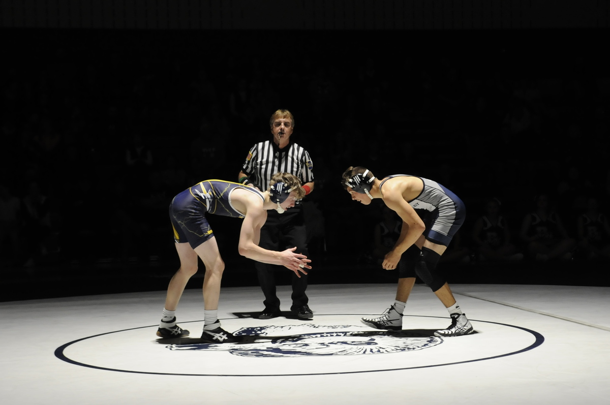 Penns Valley’s Nate Long looks for a shot on Southern Huntingdon’s Josh Fleck in their 126-pound match during the Rams’ 59-21 win on Friday night. Fleck edged Long 3-2.