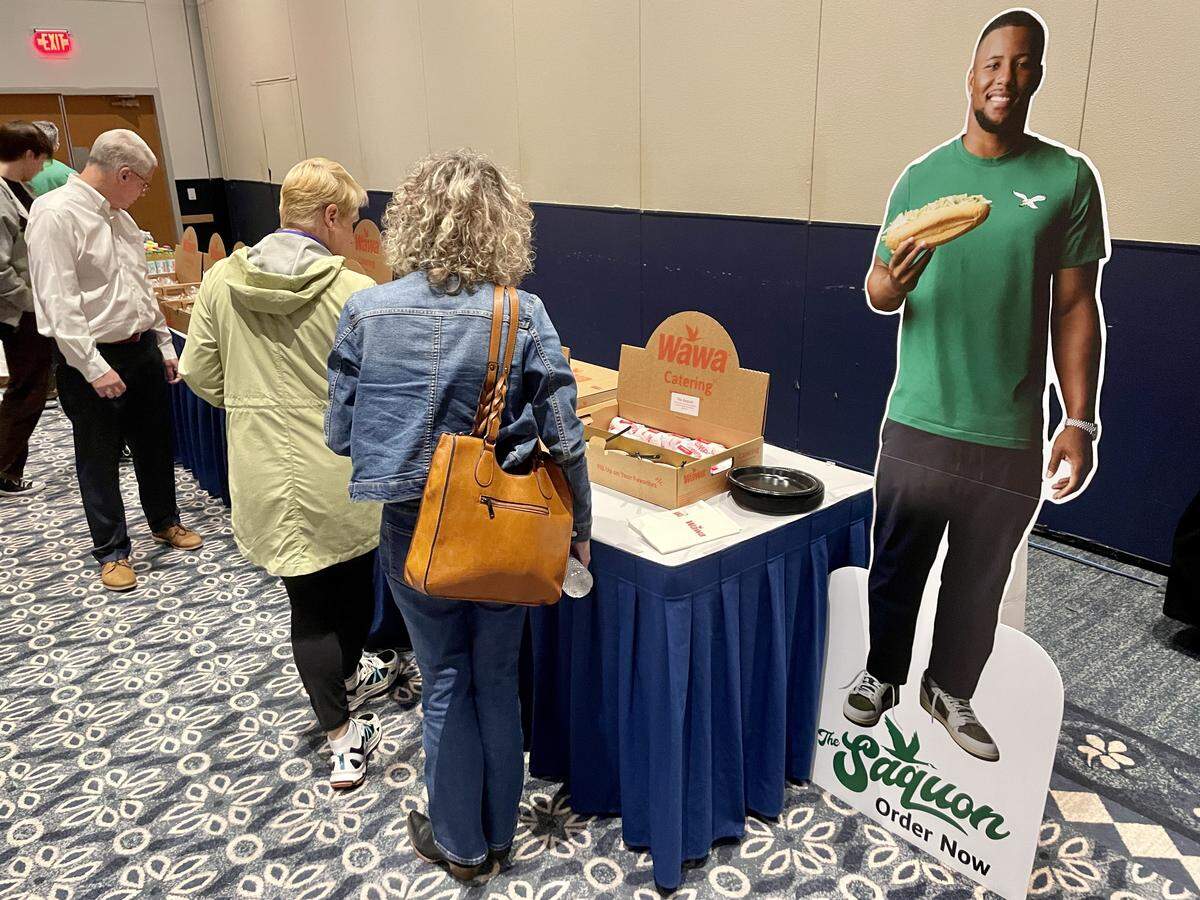 Guests were invited to sample Wawa hoagies and snacks at Tuesday’s community event. Chief among the offerings was “The Saquon,” a turkey hoagie named for the former Penn State football star.
