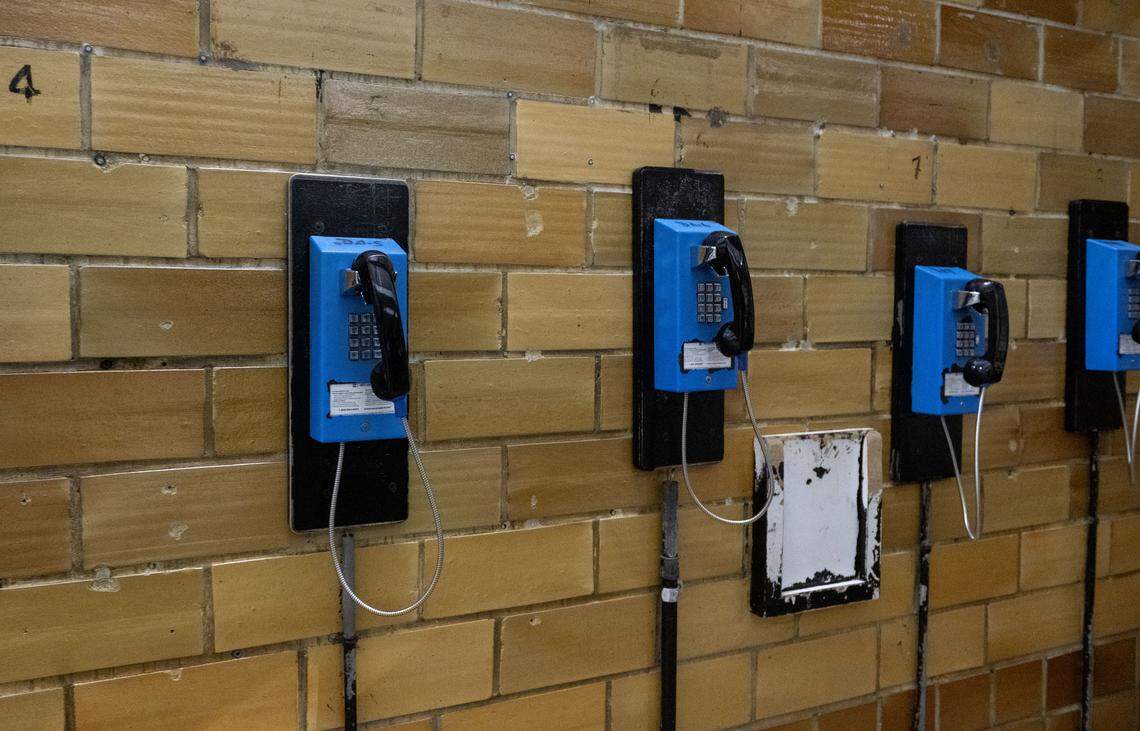 A row of telephones in the D Block at Rockview state prison on Monday, March 2, 2026.  