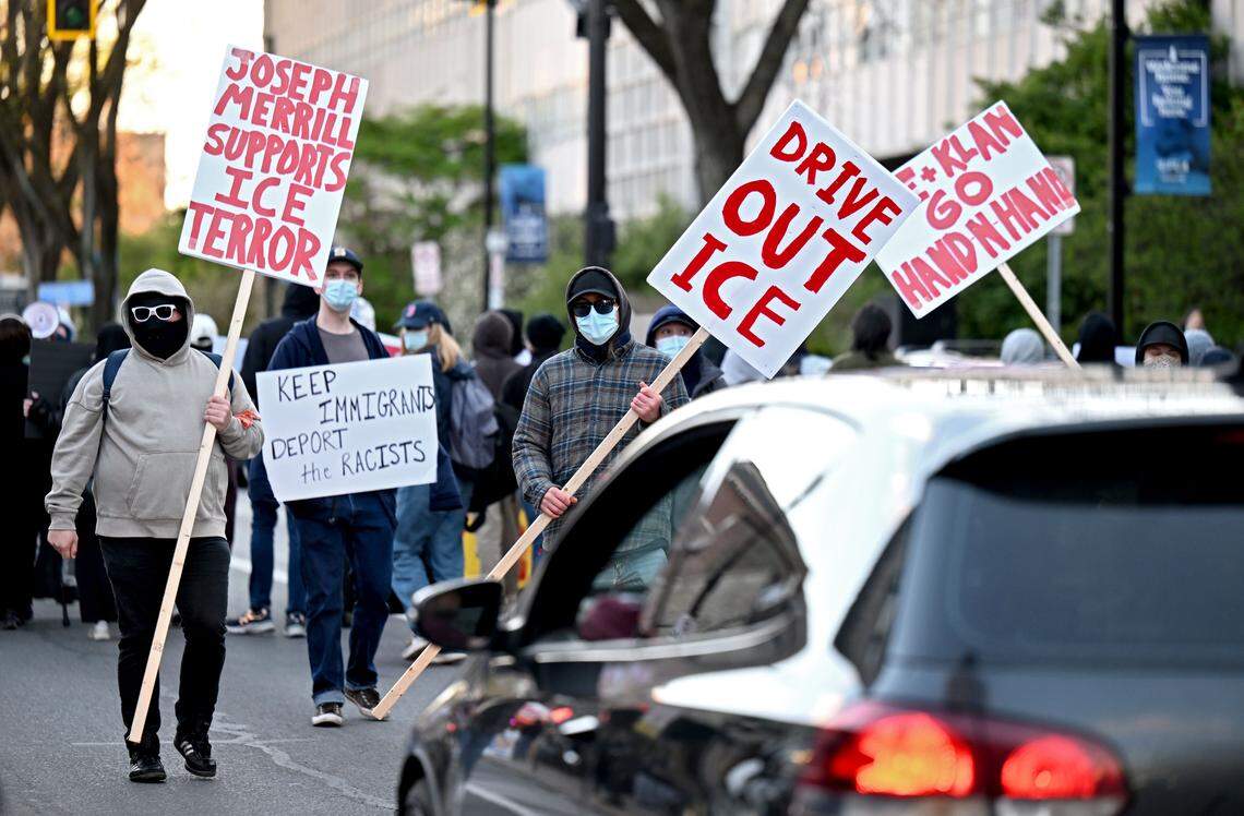 ICE protesters block traffic along College Avenue on Monday, April 20, 2026.  