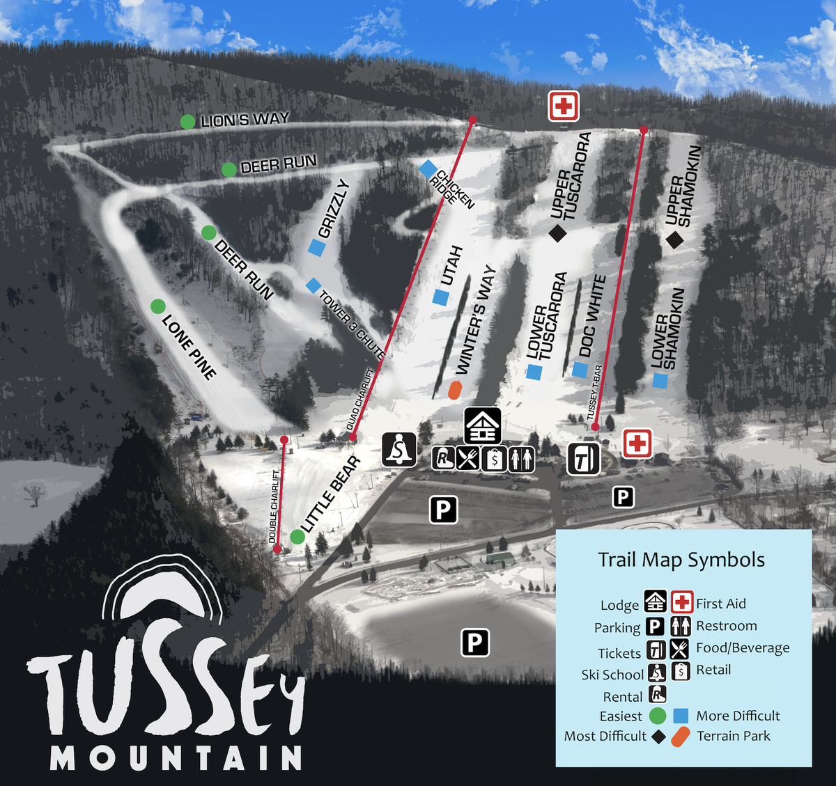 This map shows the trails and slopes available at Tussey Mountain, including the Lone Pine slope, which was once the mountain’s tubing hill.