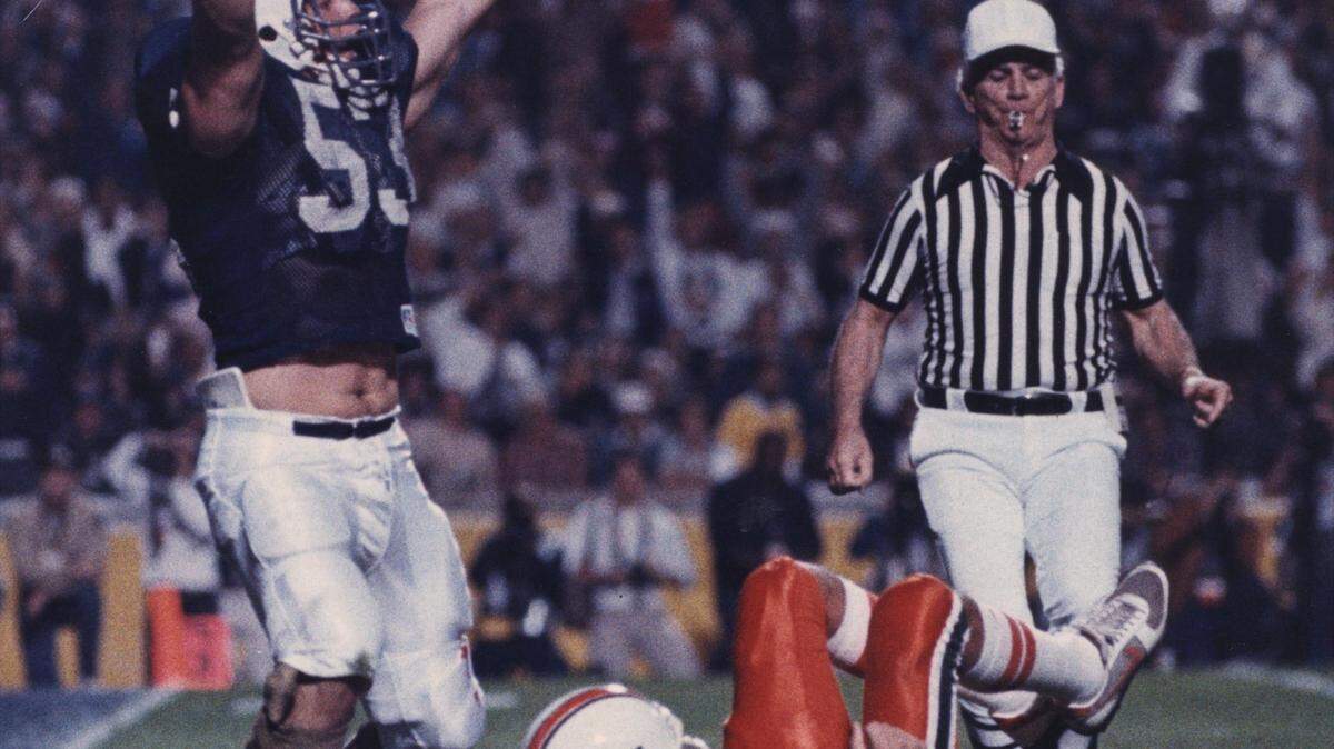 Penn State’s defense, led by Don Graham, was the key to stopping Miami and Vinny Testaverde (on the ground) and claiming the title of National Champion in the 1987 Fiesta Bowl.