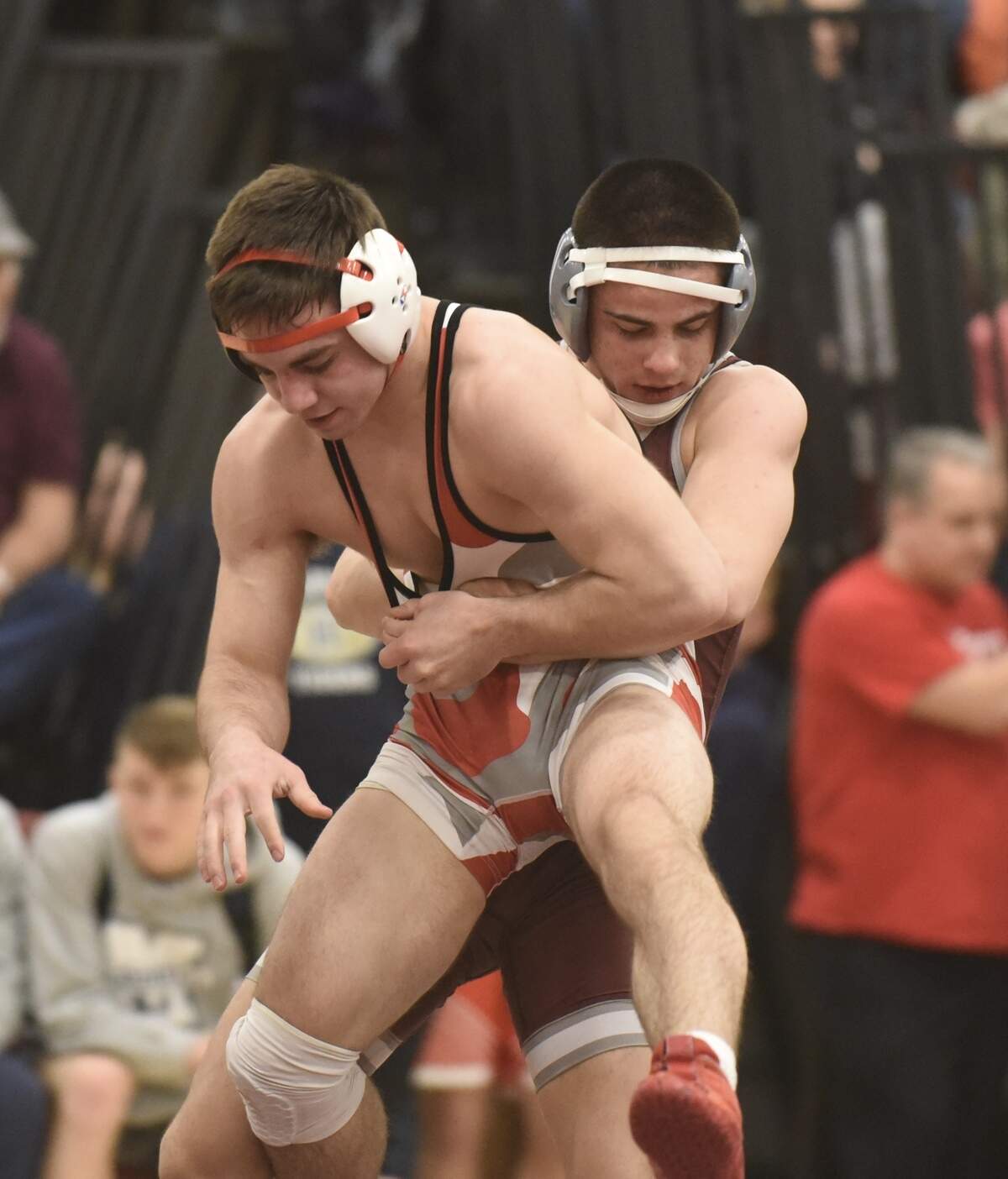 Owen Woolcott of State College controls Bellefonte’s Alex Coppolo during the 132-pound third place match at the PIAA Northwest Regional on Saturday at Altoona. Woolcott defeated Coppolo 1-0.