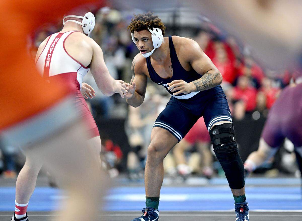 Penn State’s Greg Kerkvliet faces Lock Haven’s Gavin Hoffman in a 285-pound bout during the 2025 NCAA Wrestling Championships in Philadelphia on Thursday, March 20, 2025.