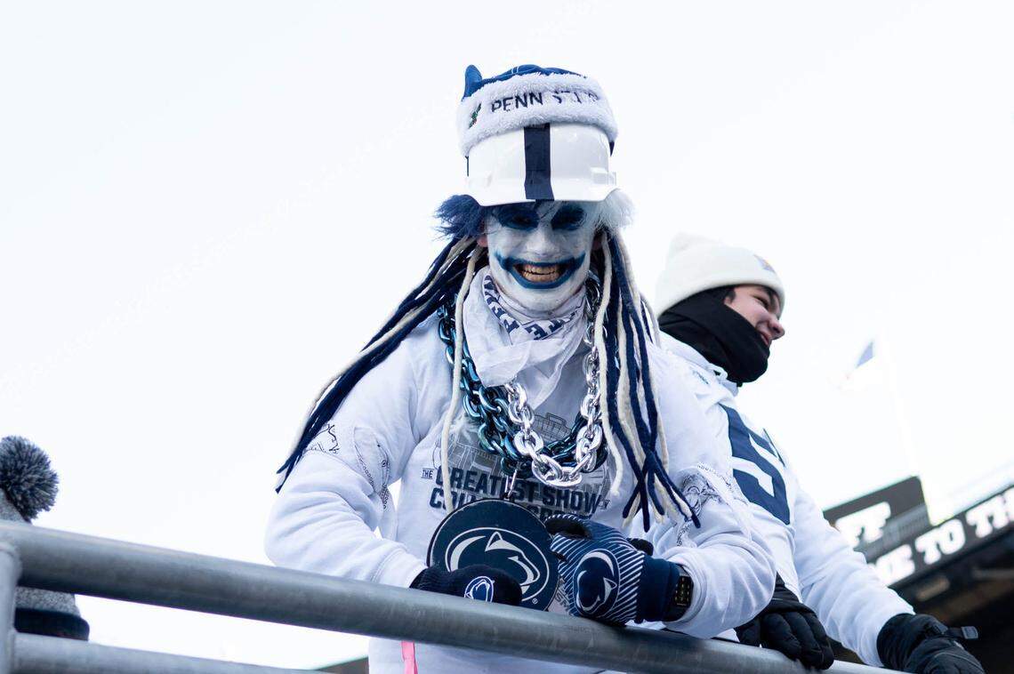 A Penn State fan reacts during pregame for the college football playoff game at Beaver Stadium on Saturday, Dec. 21, 2024.