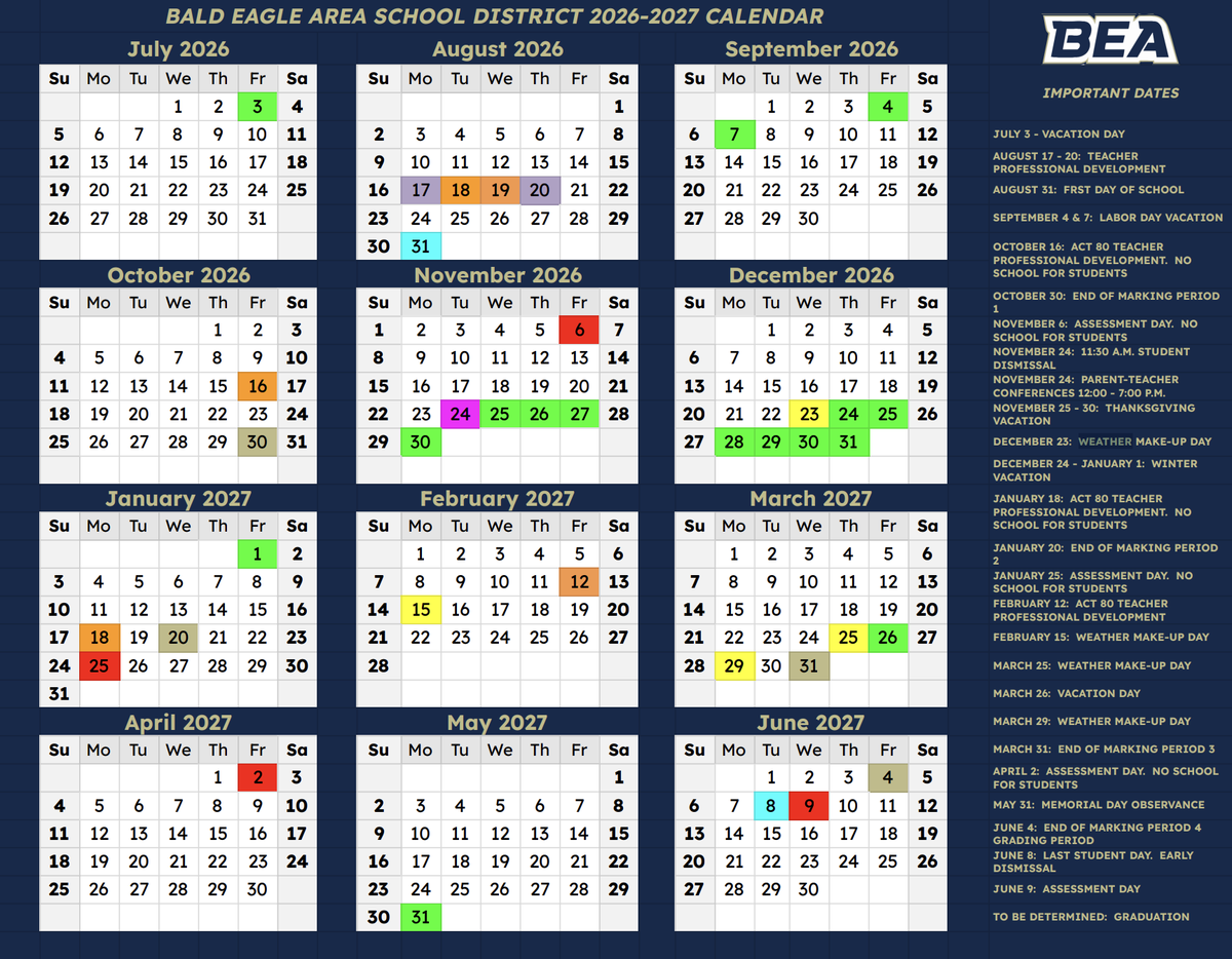This graphic shows the planned 2026-27 calendar for the Bald Eagle Area School District. Some dates, including graduation, are not yet determined.