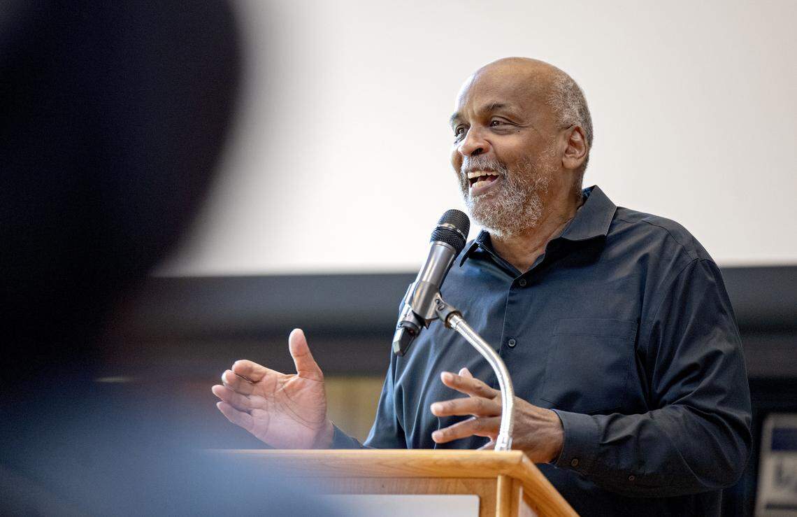 Dr. Keith Gilyard, who edited the book “Malcolm X and the Arts” and is part of the English and African American Studies departments at Penn State, speaks during the Malcolm X Centenary event on Tuesday, Sept. 30, 2025.  