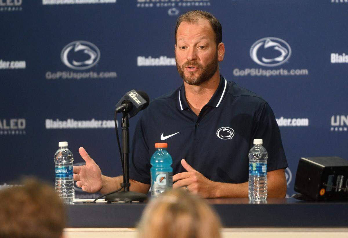 Penn State offensive coordinator Mike Yurcich answers questions during media day on Sunday, Aug. 6, 2023.