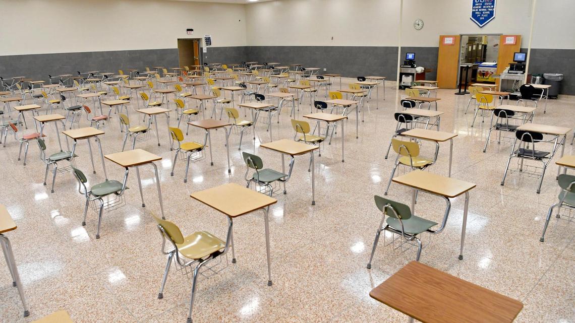 Individual desks have replaced the large lunch tables in the cafeteria at Penns Valley Area High School.