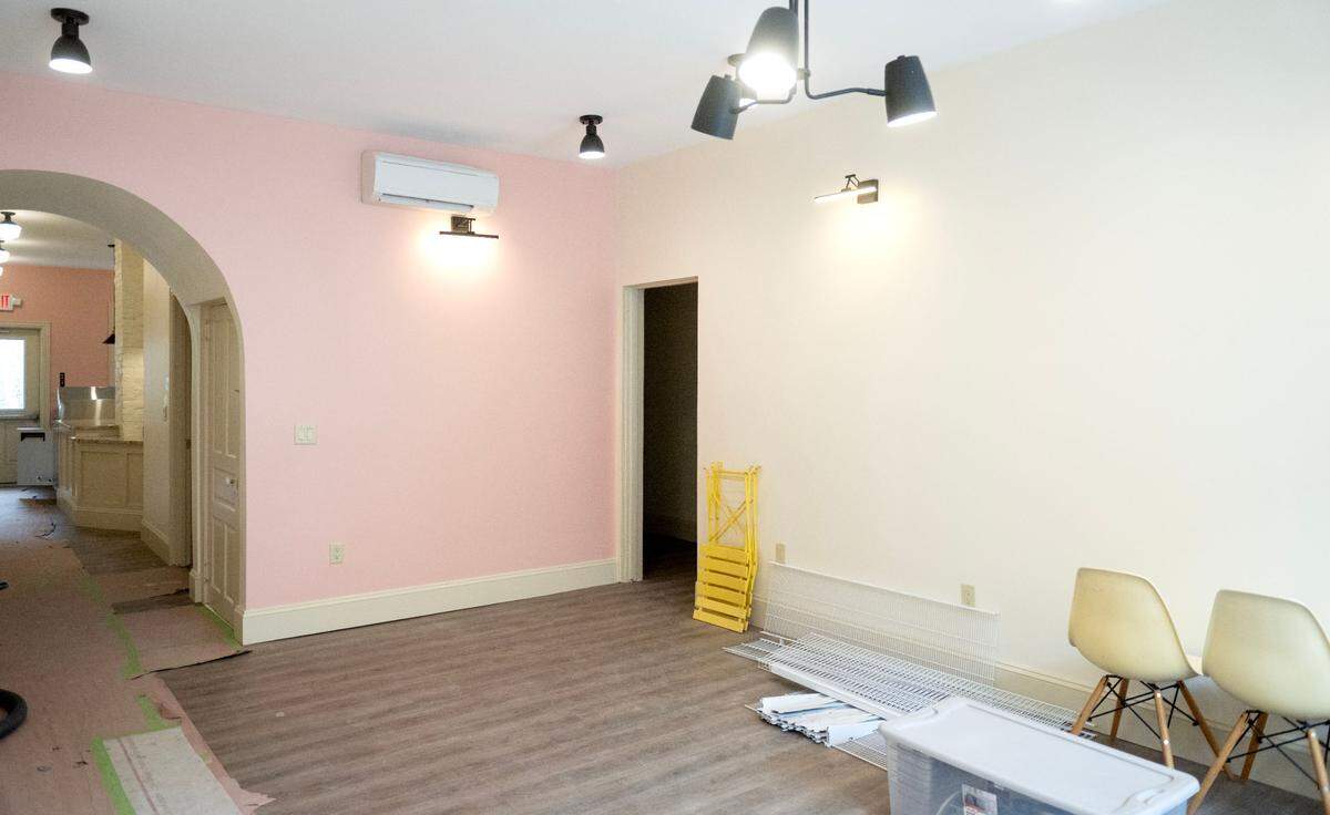 The seating area at Shaky Hands Coffee Shop at 106 W. Bishop St. on Wednesday, March 19, 2025. The shop hopes to open in April.