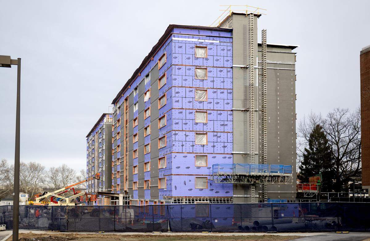 Crews work on the renovations to Wolf Hall and Ritner Hall as part of the Pollock Hall updates on the Penn State campus on Monday, Dec. 22, 2025. 