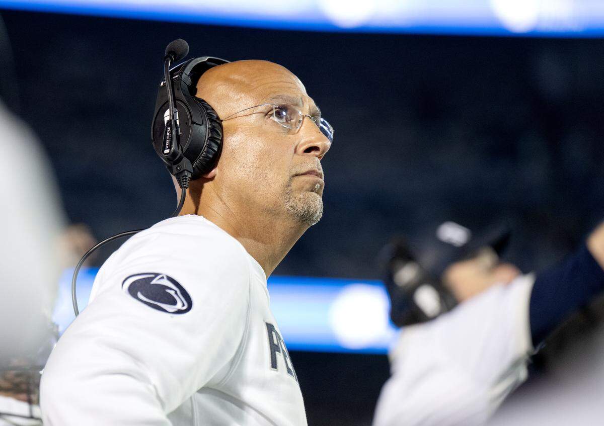 Penn State football coach James Franklin watches the replay of an Oregon touchdown in the fourth quarter of the game on Saturday, Sept. 27, 2025.