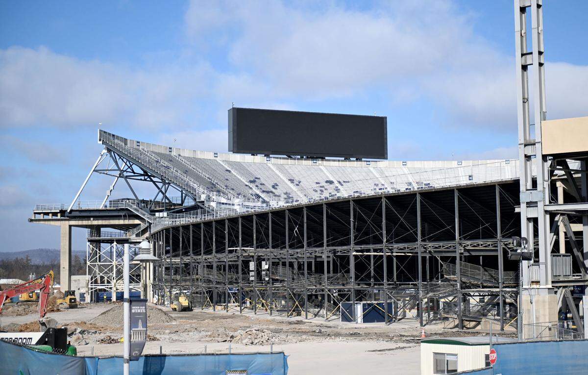 The upper west side of Beaver Stadium been demolished and crews work at the site on Wednesday, Jan. 15, 2025.