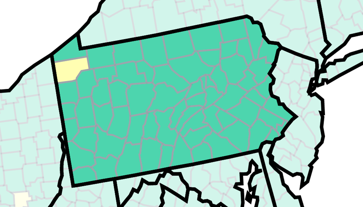 This map of Pennsylvania from the U.S. Centers for Disease Control and Prevention shows COVID-19 community levels by county as of Friday, May 5, 2023. Crawford County, yellow, is at medium, while the rest are at low. Zero Pennsylvania counties are at high, orange, this week.