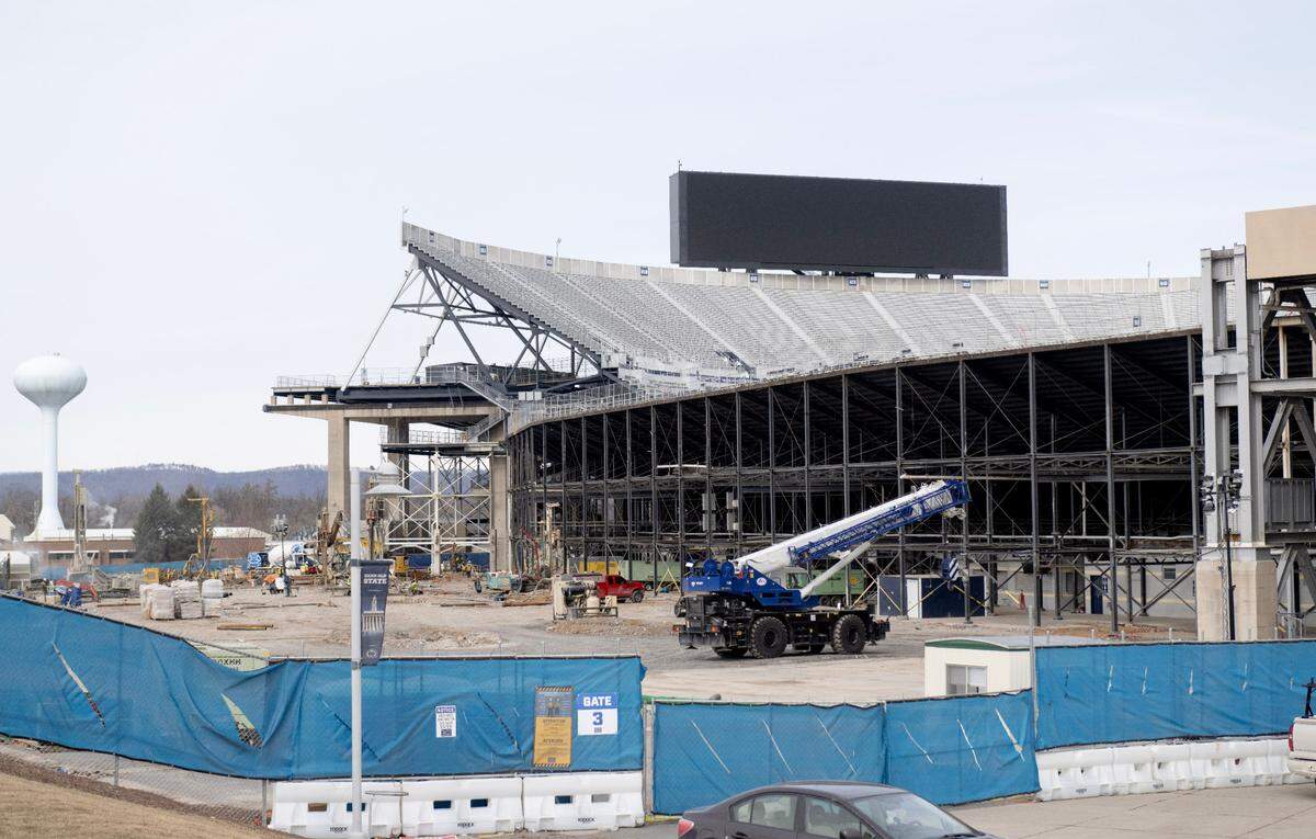 Construction crews work on the west side of Beaver Stadium on Wednesday, Feb. 5, 2025.
