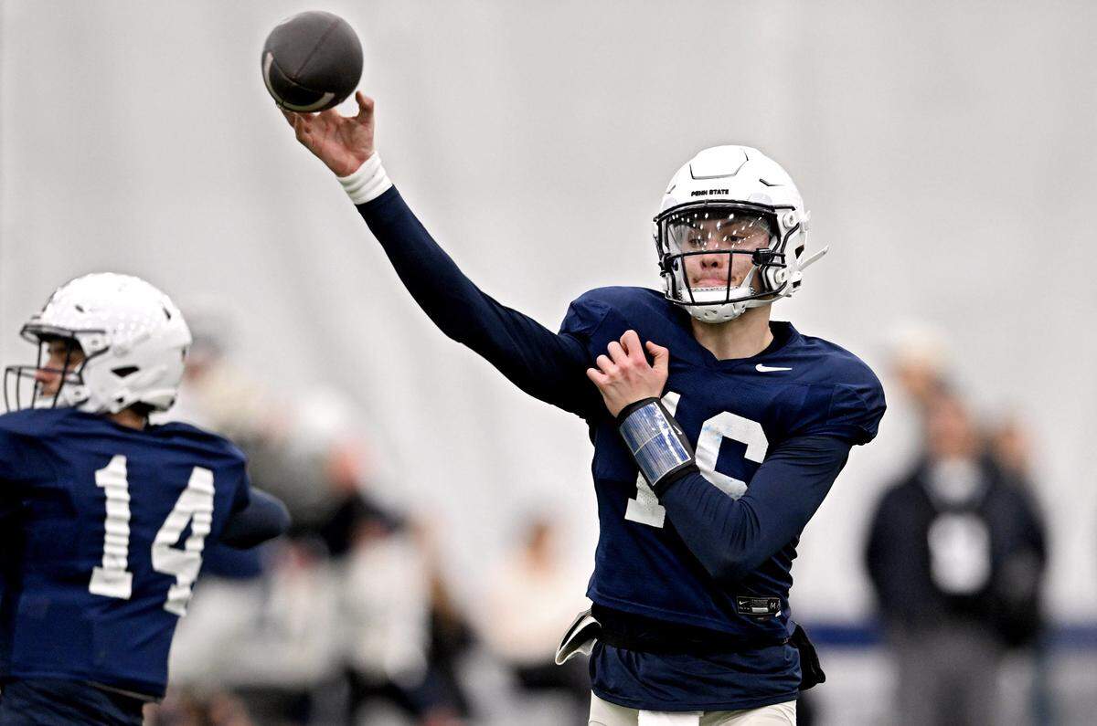 Penn State quarterback Bekkem Kritza makes a pass during spring practice on Tuesday, April 8, 2025.