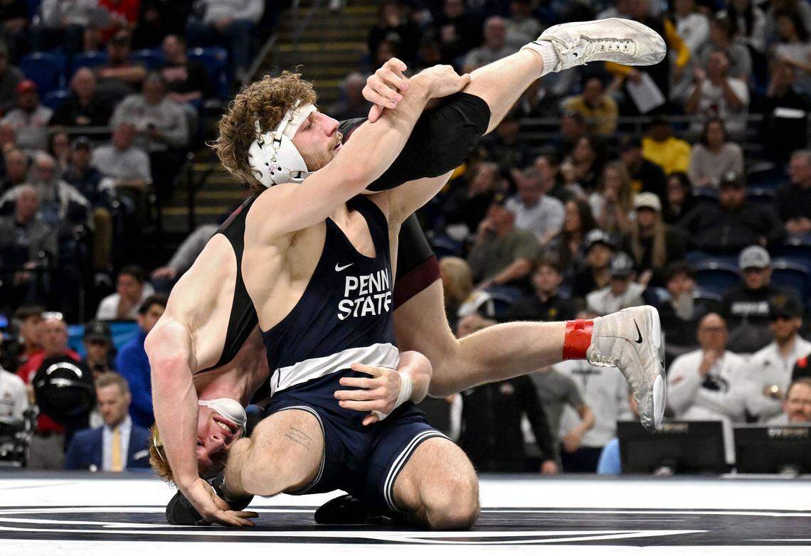 Penn State's Mitchell Mesenbrink controls Minnesota’s Andrew Sparks in a 165-pound semifinal bout at the Big Ten wrestling championships on Saturday, March 7, 2026 at the Bryce Jordan Center. 