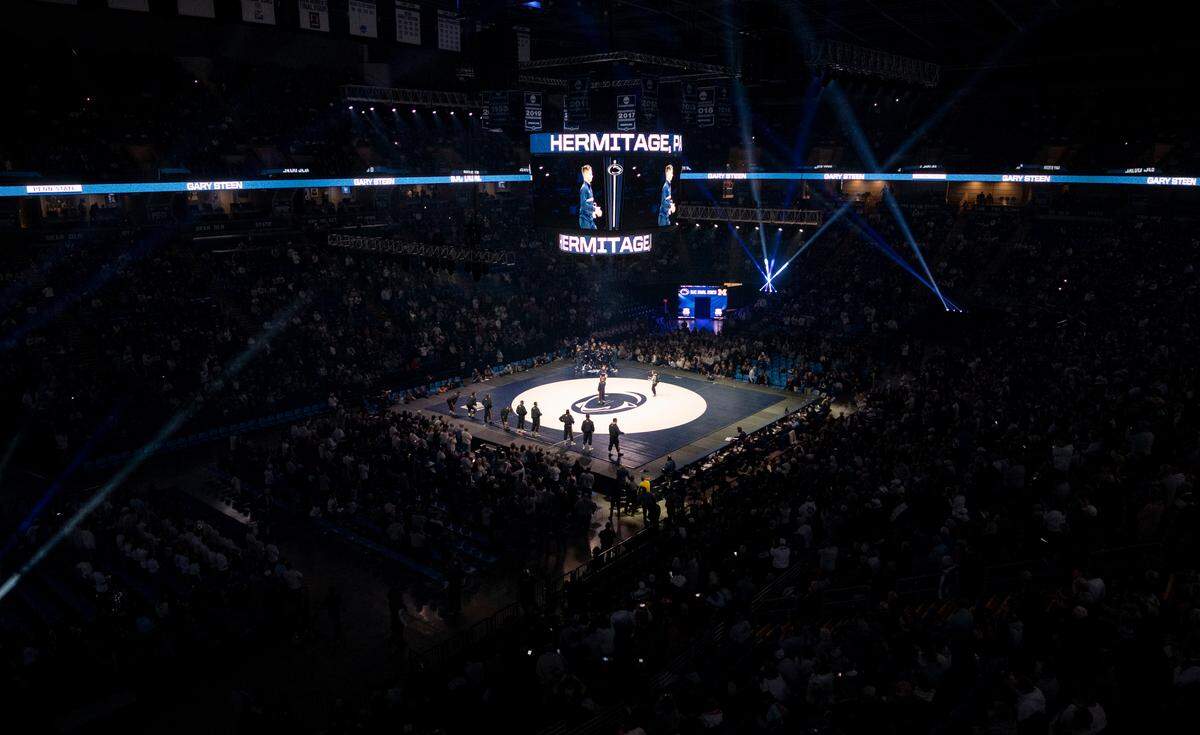 Penn State and Michigan wrestlers are announced for the dual at the Bryce Jordan Center on Friday, Jan. 20, 2023.  