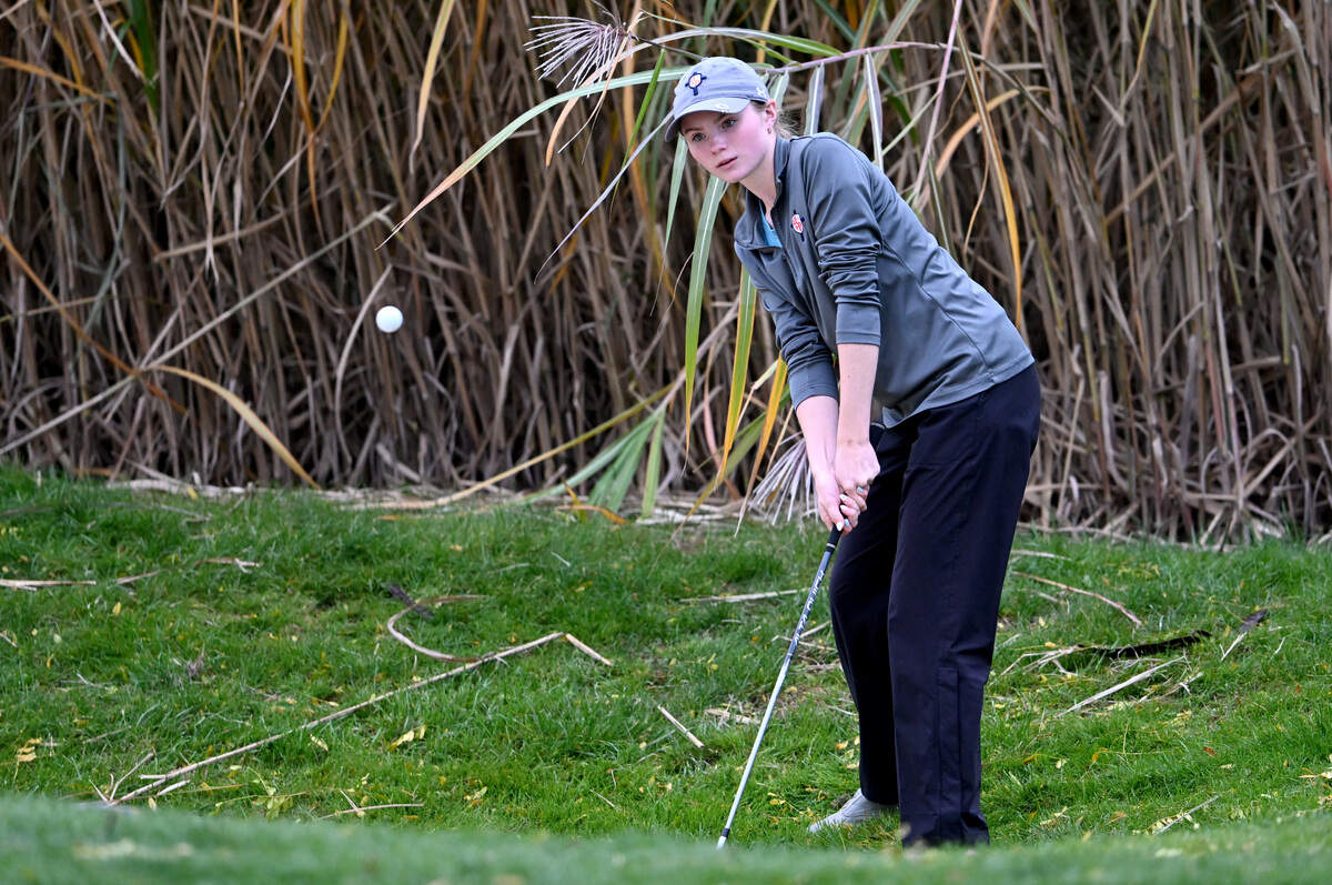 Saint Joseph’s Catholic Academy’s Olivia Koshko chips on the 14th hole during the PIAA State Golf Championships on Tuesday, Oct. 21 2025, at the Penn State White Course.