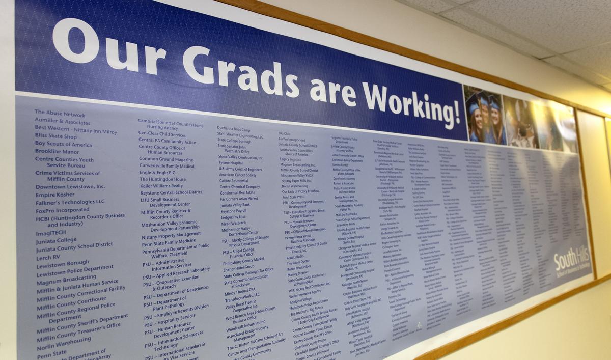 A long list of employers hangs in the halls at South Hills School of Business and Technology in State College.