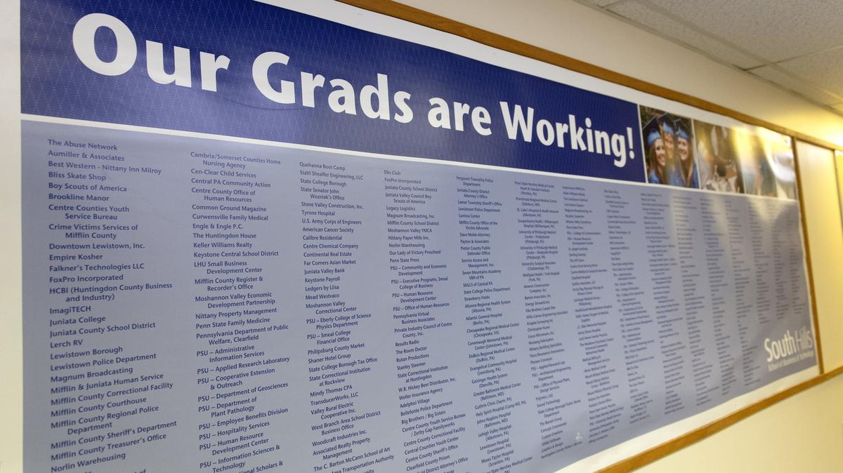 A long list of employers hangs in the halls at South Hills School of Business and Technology in State College. The school is closing its Lewistown campus in August.