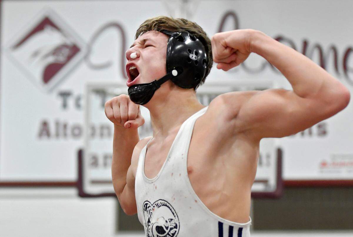 Penns Valley’s Ty Watson celebrates his win over Forest Hills’ Noah Teeter in the 145 lb championship bout of the District 6 2A tournament on Saturday, Feb. 19, 2022.