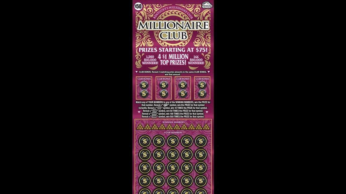 This screenshot shows part of a $50,000 Millionaire Club scratch-off game ticket.