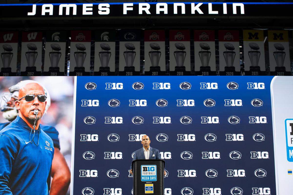 Penn State head coach James Franklin speaks at Big Ten Media Days at Lucas Oil Stadium in Indianapolis on Wednesday, July 24, 2024.