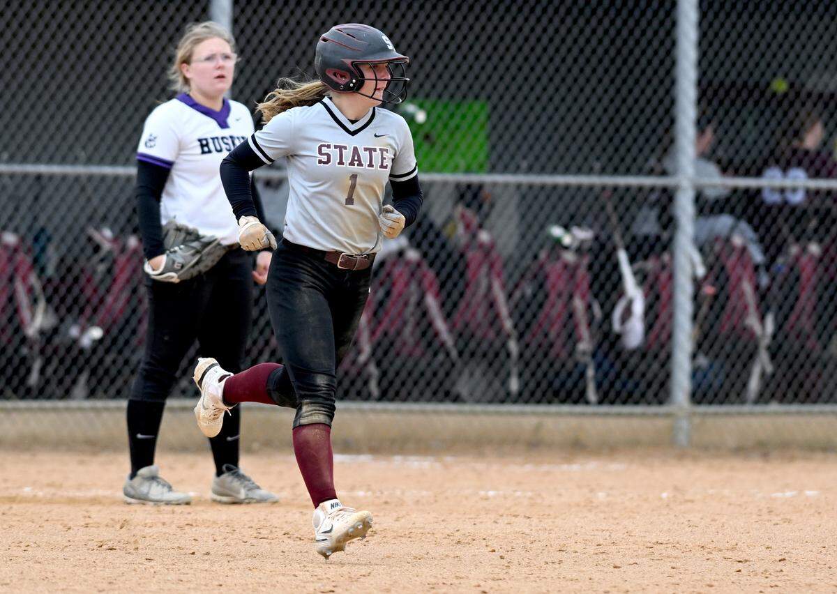 State College’s Jess Hawbaker runs the bases after her homer in the game against Mifflin County on Monday, April 24, 2023.